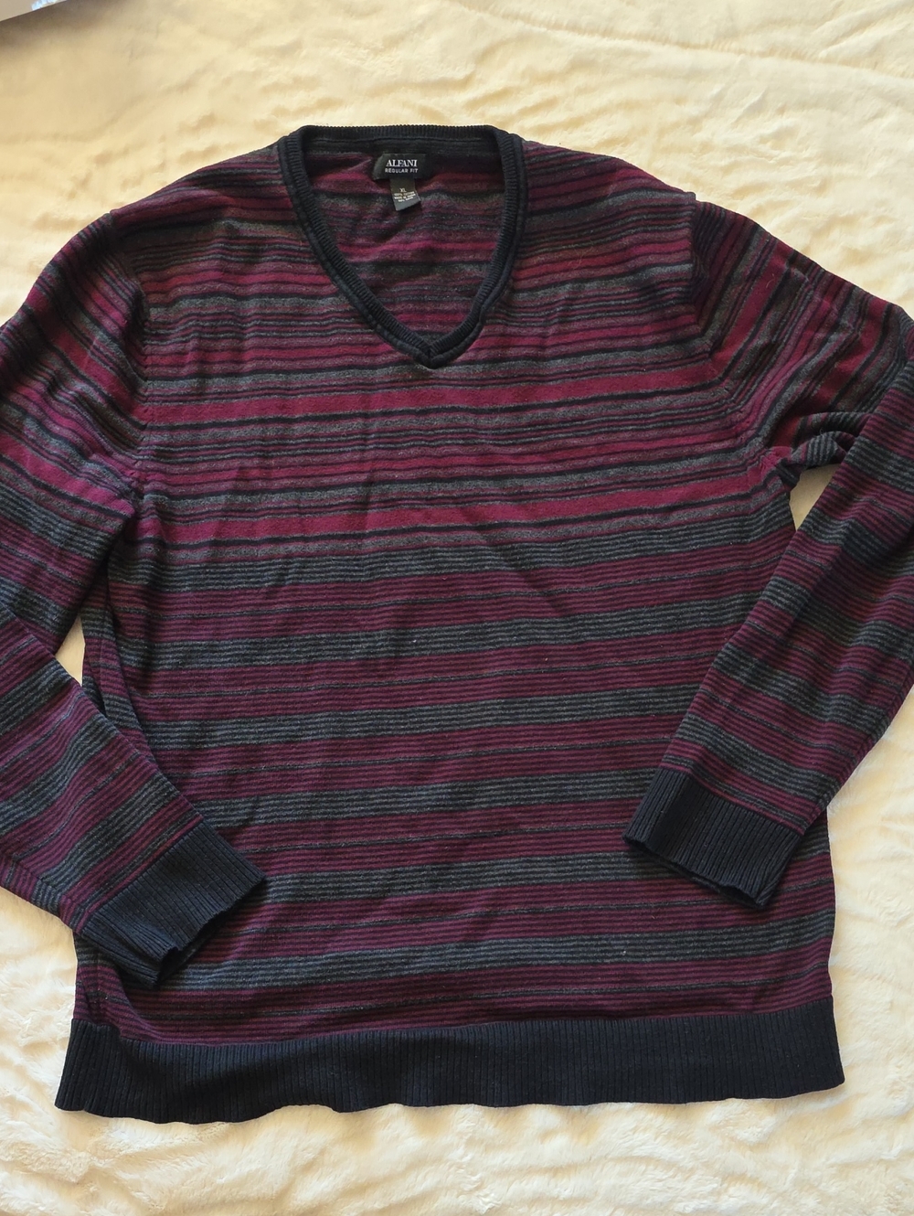 Alfani Men's V-Neck Striped Sweater in Burgundy and Black